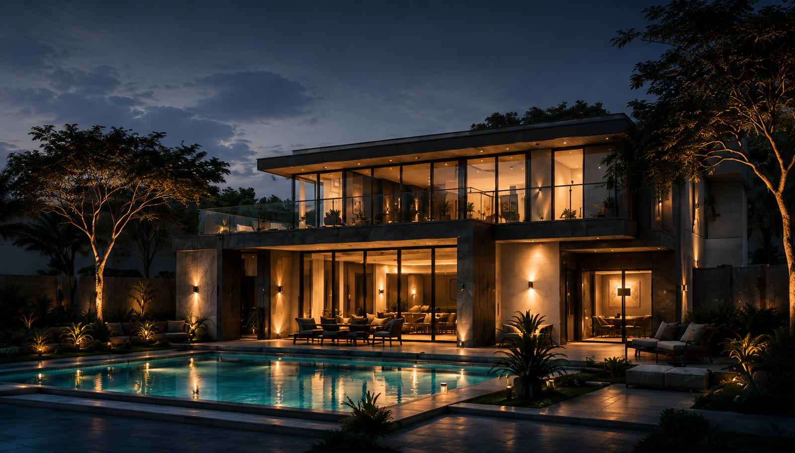 Luxury villa with pool at dusk in Bangalore